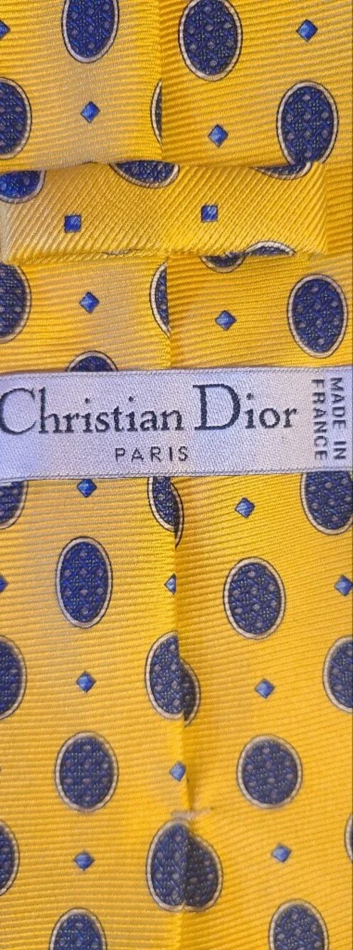 Dior Yellow Silk Tie with Navy Oval Motif
